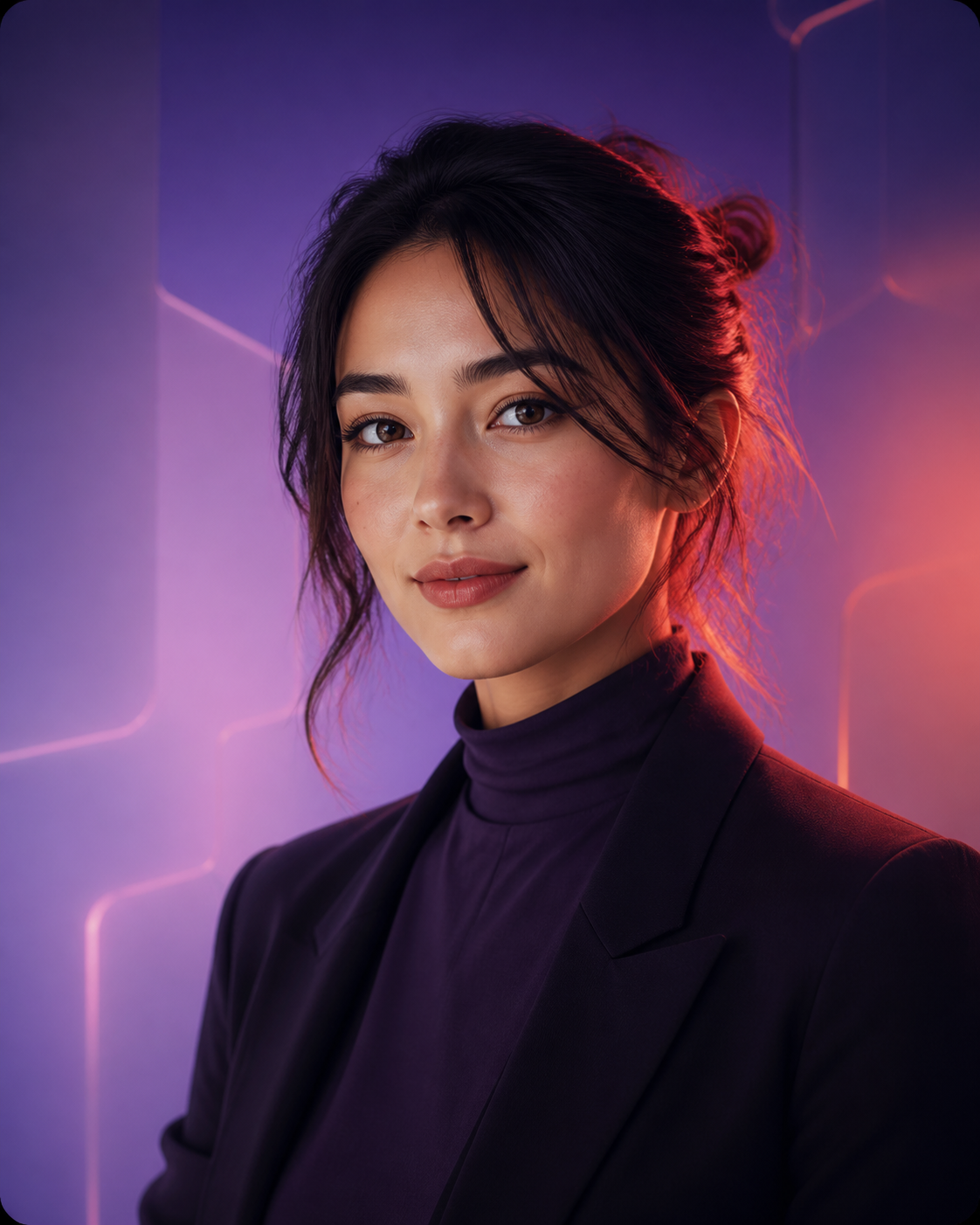 Contenta virtual creator with violet and coral studio lighting